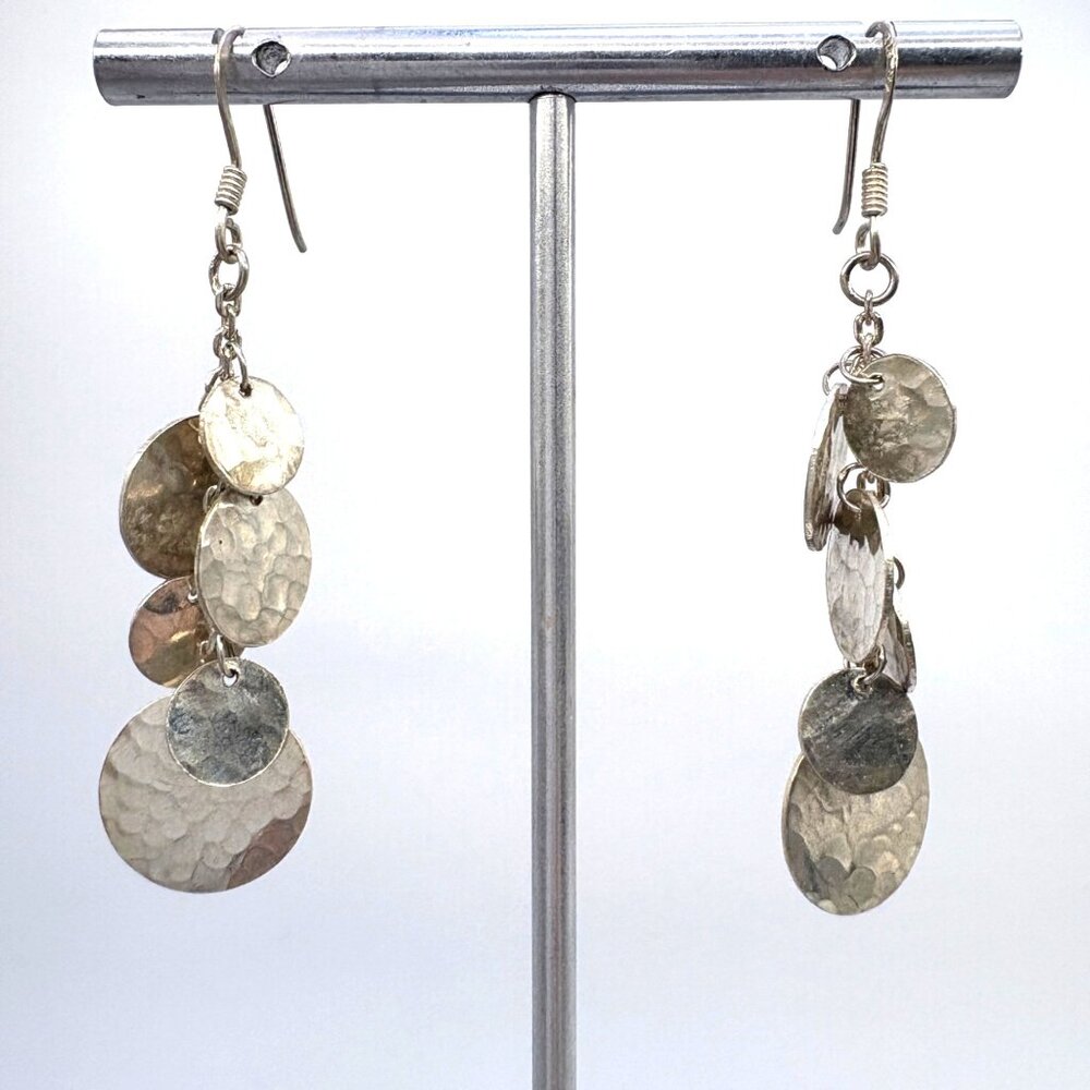 VTG Solid Sterling Silver 925 Hammered Disc Dangle Earrings Size 2" Length